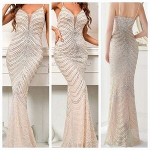 Silver, Cami,  Sleeveless,  Contrast Sequined and Mesh Mermaid Wedding G…